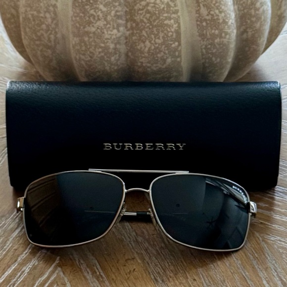 Burberry Silver and Black Aviator Sunglasses